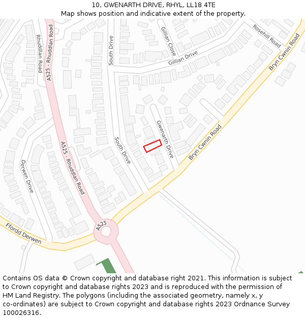 10, GWENARTH DRIVE, RHYL, LL18 4TE: Location map and indicative extent of plot