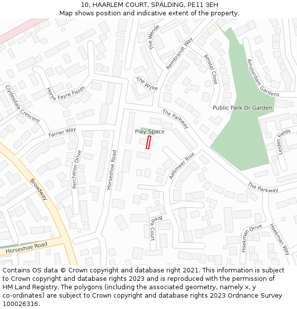 10, HAARLEM COURT, SPALDING, PE11 3EH: Location map and indicative extent of plot