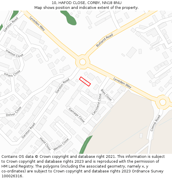 10, HAFOD CLOSE, CORBY, NN18 8NU: Location map and indicative extent of plot