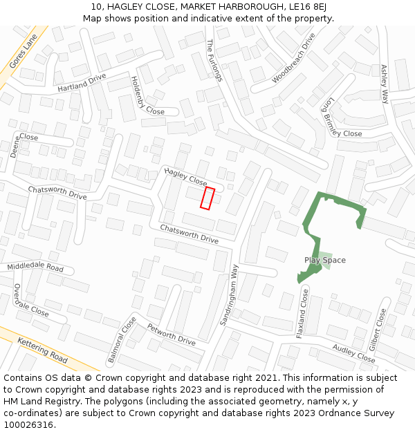 10, HAGLEY CLOSE, MARKET HARBOROUGH, LE16 8EJ: Location map and indicative extent of plot