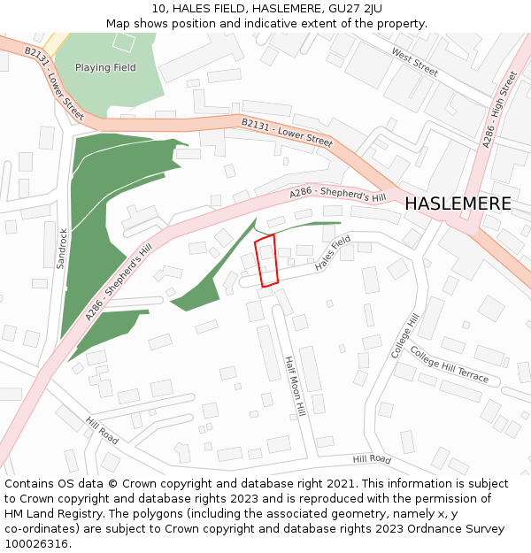 10, HALES FIELD, HASLEMERE, GU27 2JU: Location map and indicative extent of plot
