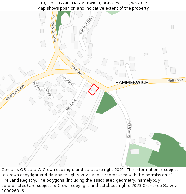 10, HALL LANE, HAMMERWICH, BURNTWOOD, WS7 0JP: Location map and indicative extent of plot