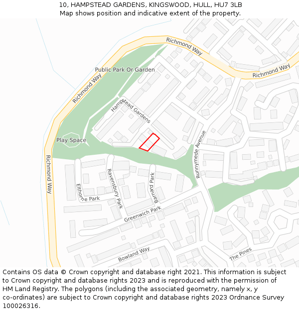 10, HAMPSTEAD GARDENS, KINGSWOOD, HULL, HU7 3LB: Location map and indicative extent of plot