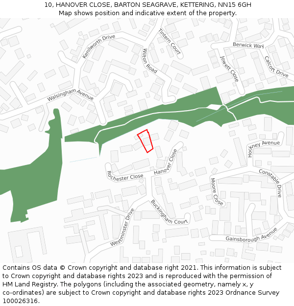 10, HANOVER CLOSE, BARTON SEAGRAVE, KETTERING, NN15 6GH: Location map and indicative extent of plot
