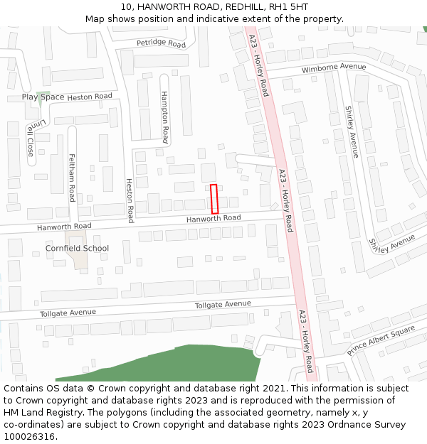 10, HANWORTH ROAD, REDHILL, RH1 5HT: Location map and indicative extent of plot