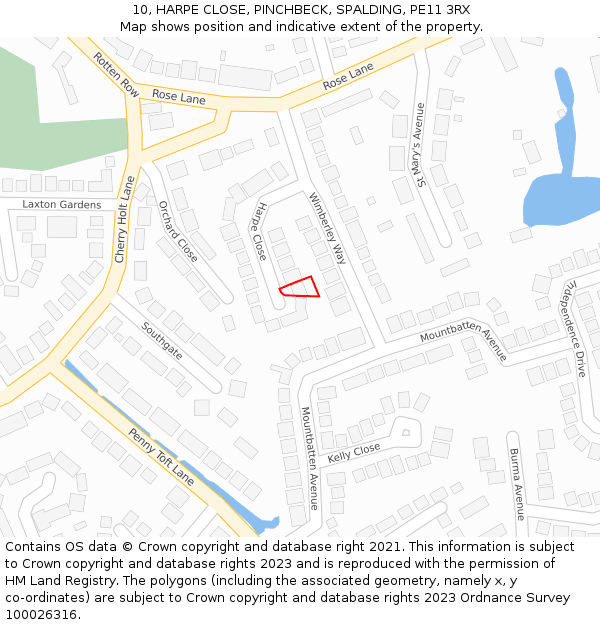 10, HARPE CLOSE, PINCHBECK, SPALDING, PE11 3RX: Location map and indicative extent of plot