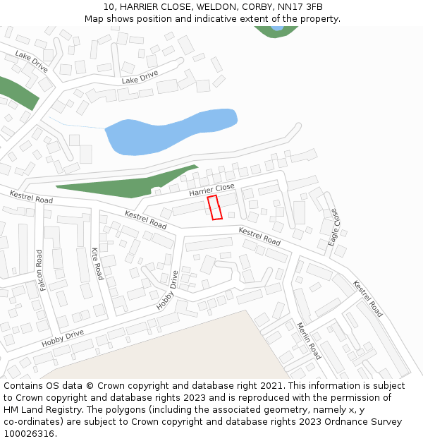10, HARRIER CLOSE, WELDON, CORBY, NN17 3FB: Location map and indicative extent of plot
