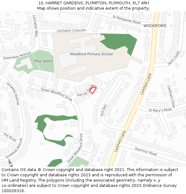 10, HARRIET GARDENS, PLYMPTON, PLYMOUTH, PL7 4RH: Location map and indicative extent of plot