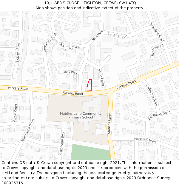 10, HARRIS CLOSE, LEIGHTON, CREWE, CW1 4TQ: Location map and indicative extent of plot