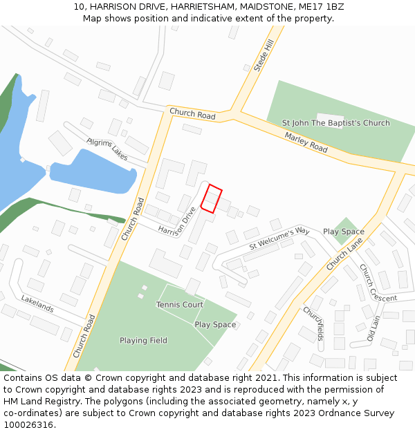 10, HARRISON DRIVE, HARRIETSHAM, MAIDSTONE, ME17 1BZ: Location map and indicative extent of plot
