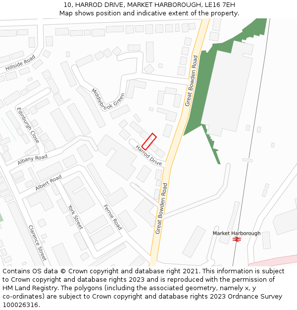 10, HARROD DRIVE, MARKET HARBOROUGH, LE16 7EH: Location map and indicative extent of plot