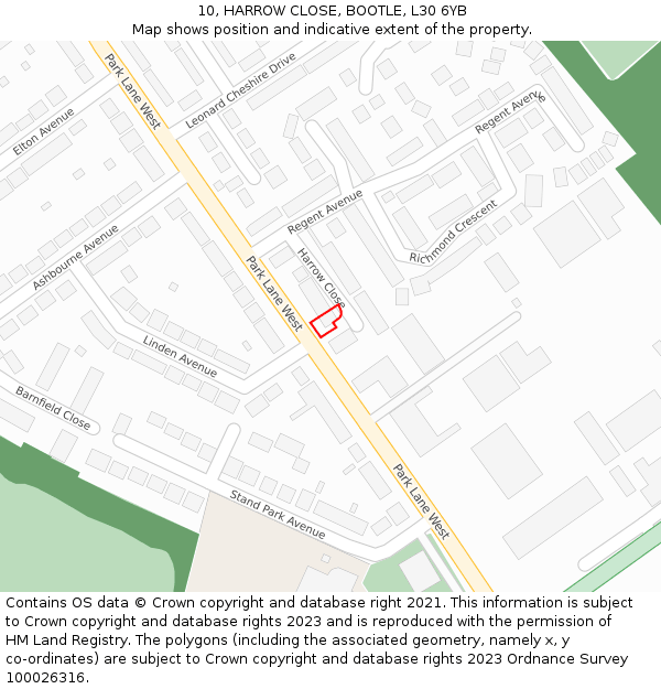 10, HARROW CLOSE, BOOTLE, L30 6YB: Location map and indicative extent of plot