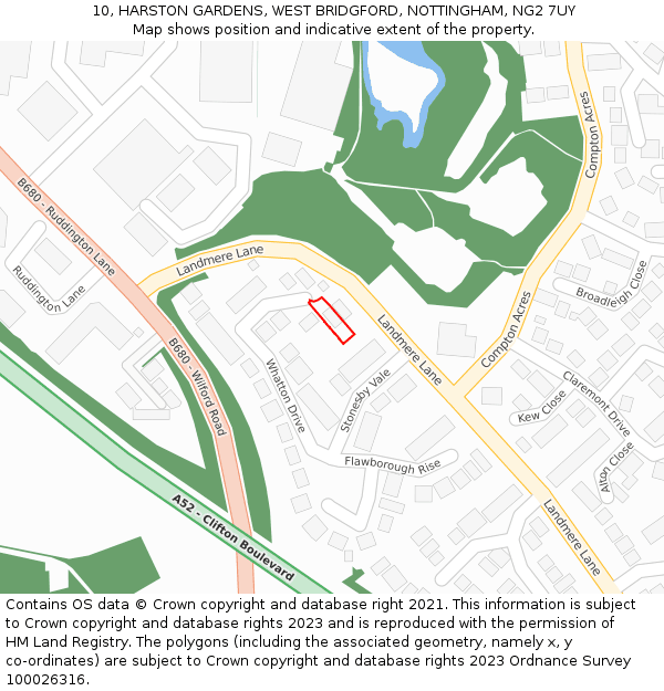 10, HARSTON GARDENS, WEST BRIDGFORD, NOTTINGHAM, NG2 7UY: Location map and indicative extent of plot