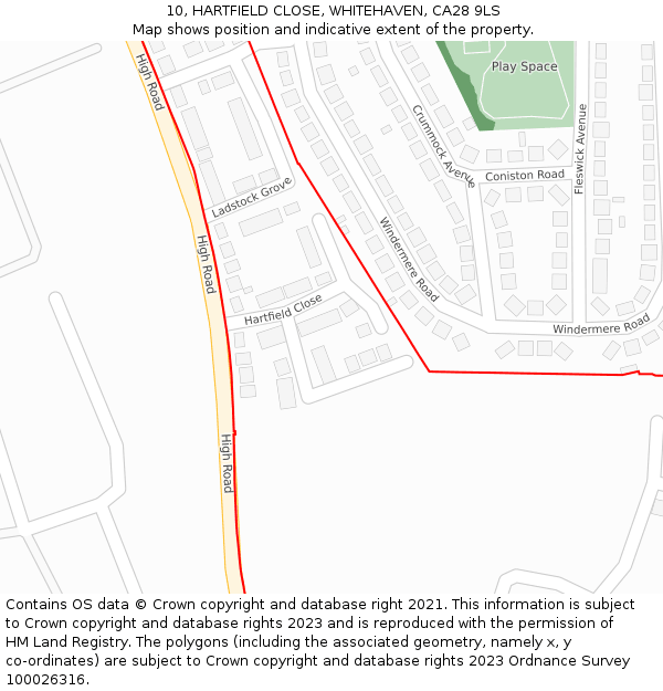 10, HARTFIELD CLOSE, WHITEHAVEN, CA28 9LS: Location map and indicative extent of plot