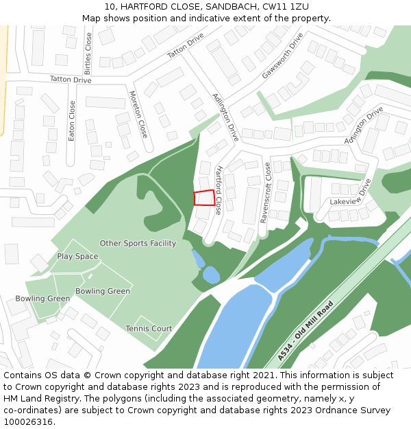 10, HARTFORD CLOSE, SANDBACH, CW11 1ZU: Location map and indicative extent of plot