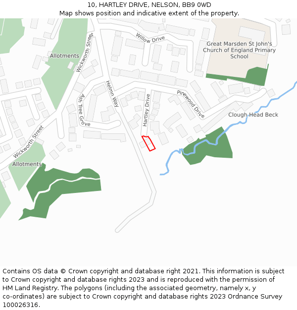 10, HARTLEY DRIVE, NELSON, BB9 0WD: Location map and indicative extent of plot