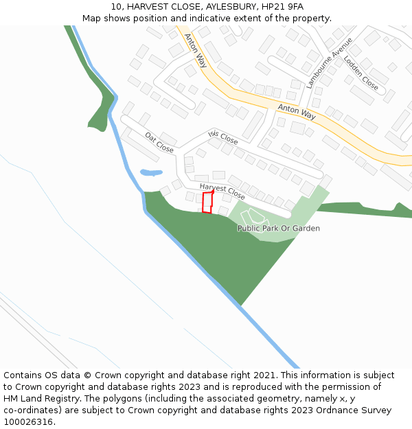 10, HARVEST CLOSE, AYLESBURY, HP21 9FA: Location map and indicative extent of plot