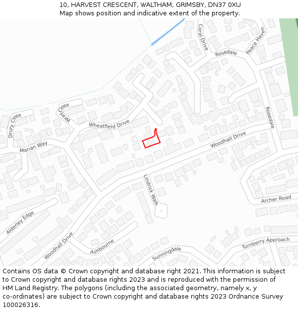 10, HARVEST CRESCENT, WALTHAM, GRIMSBY, DN37 0XU: Location map and indicative extent of plot