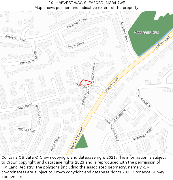 10, HARVEST WAY, SLEAFORD, NG34 7WE: Location map and indicative extent of plot