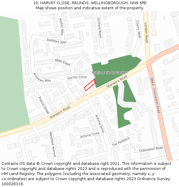 10, HARVEY CLOSE, RAUNDS, WELLINGBOROUGH, NN9 6RE: Location map and indicative extent of plot