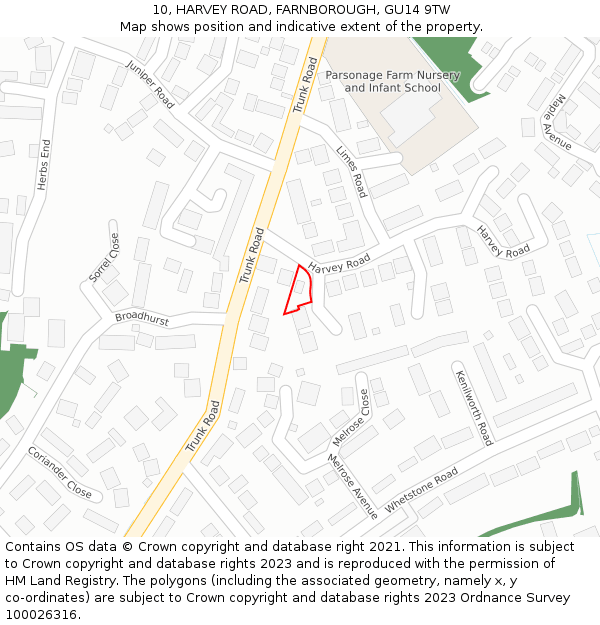 10, HARVEY ROAD, FARNBOROUGH, GU14 9TW: Location map and indicative extent of plot