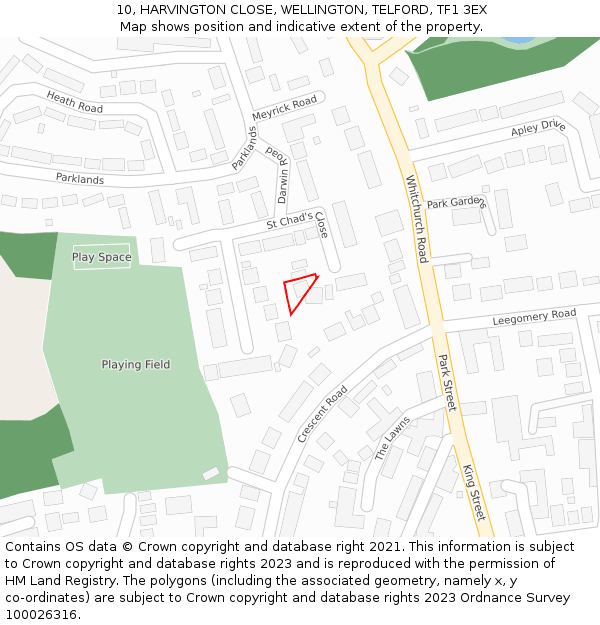 10, HARVINGTON CLOSE, WELLINGTON, TELFORD, TF1 3EX: Location map and indicative extent of plot