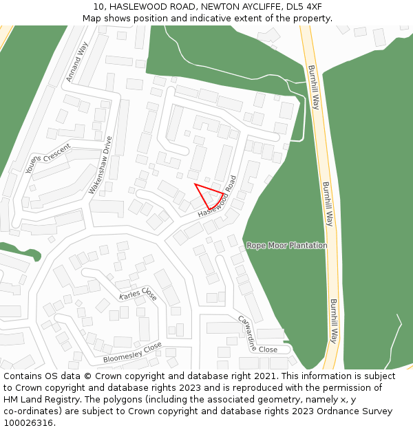 10, HASLEWOOD ROAD, NEWTON AYCLIFFE, DL5 4XF: Location map and indicative extent of plot