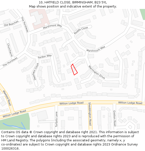 10, HATFIELD CLOSE, BIRMINGHAM, B23 5YL: Location map and indicative extent of plot