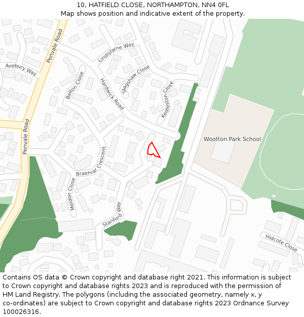 10, HATFIELD CLOSE, NORTHAMPTON, NN4 0FL: Location map and indicative extent of plot