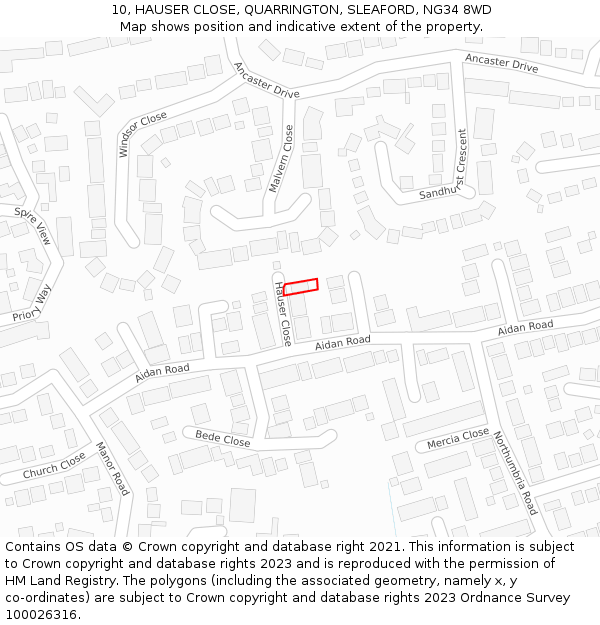 10, HAUSER CLOSE, QUARRINGTON, SLEAFORD, NG34 8WD: Location map and indicative extent of plot