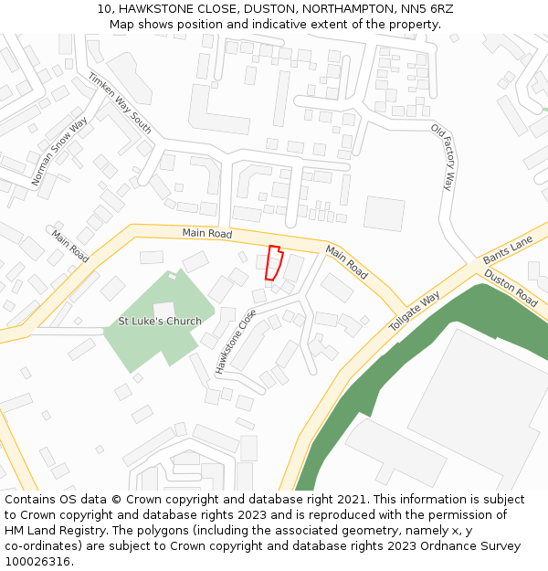 10, HAWKSTONE CLOSE, DUSTON, NORTHAMPTON, NN5 6RZ: Location map and indicative extent of plot