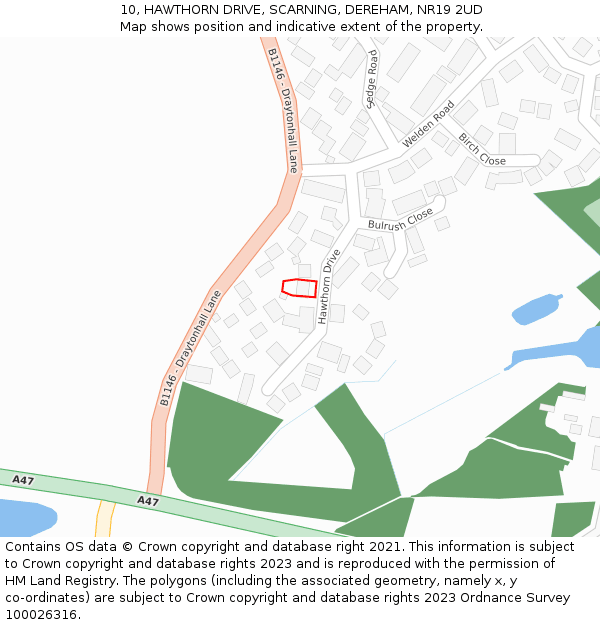 10, HAWTHORN DRIVE, SCARNING, DEREHAM, NR19 2UD: Location map and indicative extent of plot