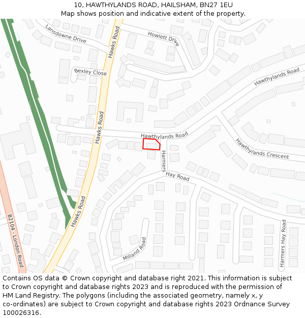 10, HAWTHYLANDS ROAD, HAILSHAM, BN27 1EU: Location map and indicative extent of plot