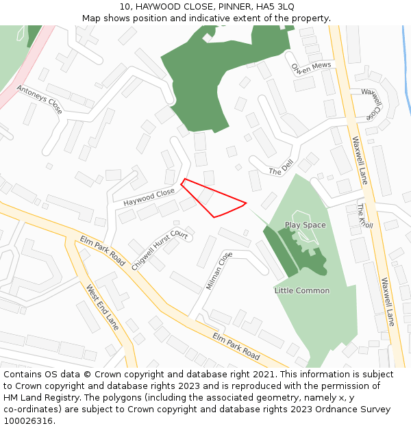 10, HAYWOOD CLOSE, PINNER, HA5 3LQ: Location map and indicative extent of plot