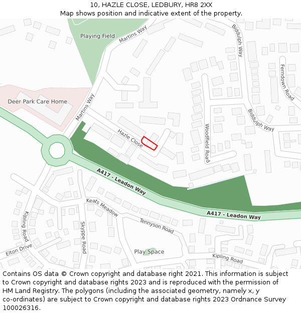 10, HAZLE CLOSE, LEDBURY, HR8 2XX: Location map and indicative extent of plot