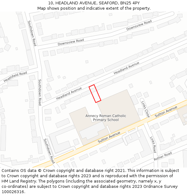 10, HEADLAND AVENUE, SEAFORD, BN25 4PY: Location map and indicative extent of plot