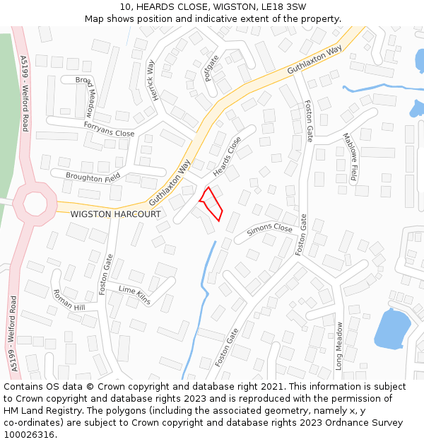 10, HEARDS CLOSE, WIGSTON, LE18 3SW: Location map and indicative extent of plot