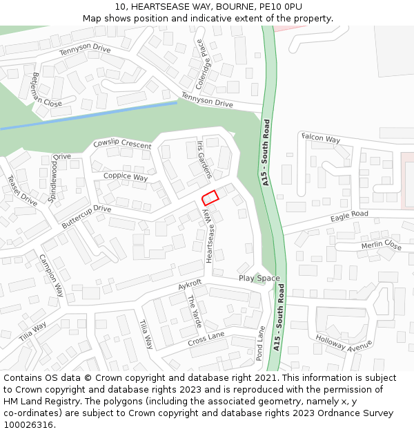 10, HEARTSEASE WAY, BOURNE, PE10 0PU: Location map and indicative extent of plot