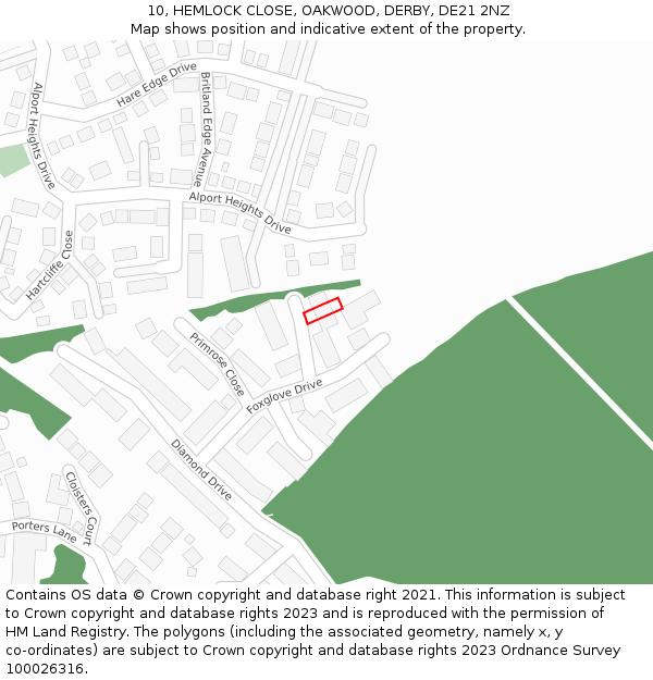 10, HEMLOCK CLOSE, OAKWOOD, DERBY, DE21 2NZ: Location map and indicative extent of plot