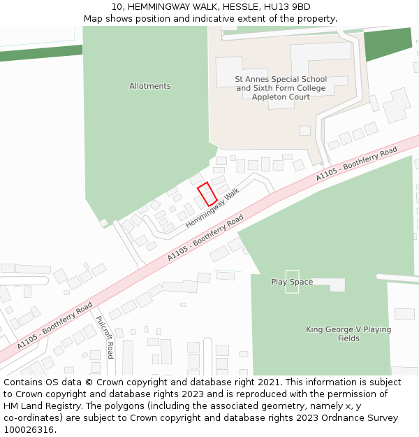 10, HEMMINGWAY WALK, HESSLE, HU13 9BD: Location map and indicative extent of plot