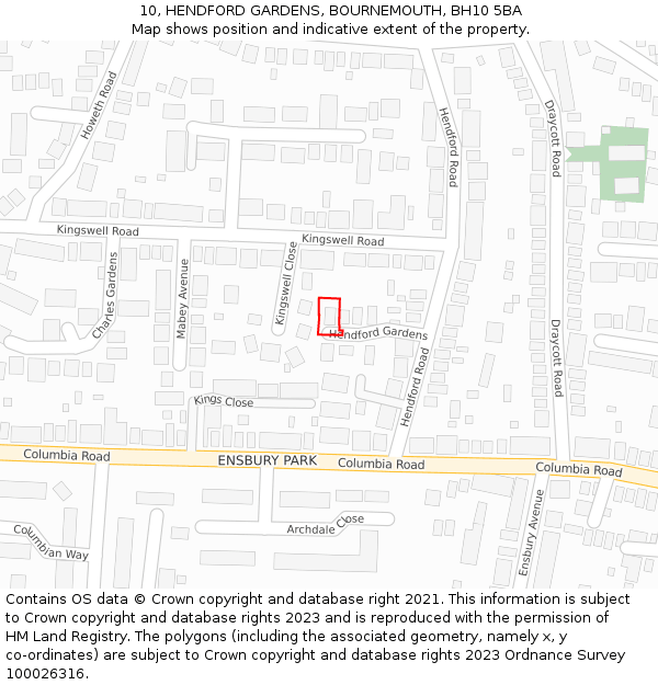 10, HENDFORD GARDENS, BOURNEMOUTH, BH10 5BA: Location map and indicative extent of plot