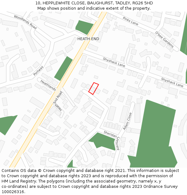 10, HEPPLEWHITE CLOSE, BAUGHURST, TADLEY, RG26 5HD: Location map and indicative extent of plot