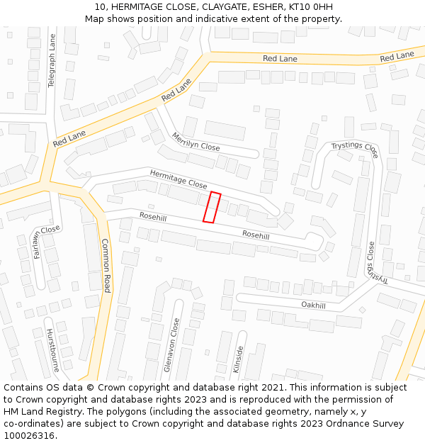 10, HERMITAGE CLOSE, CLAYGATE, ESHER, KT10 0HH: Location map and indicative extent of plot