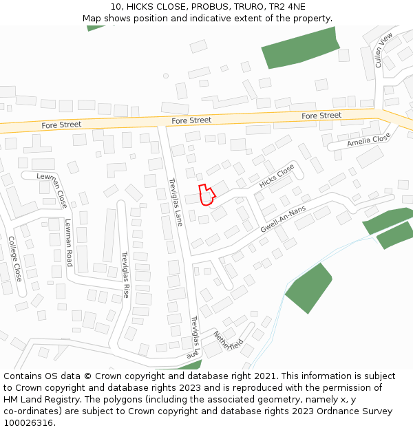 10, HICKS CLOSE, PROBUS, TRURO, TR2 4NE: Location map and indicative extent of plot