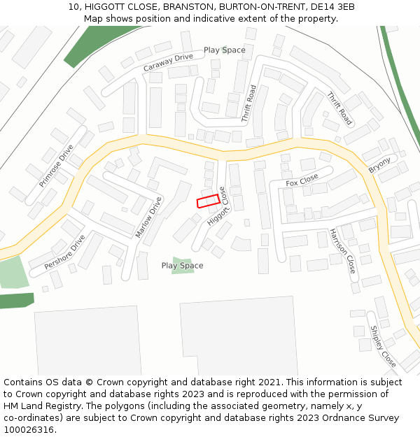 10, HIGGOTT CLOSE, BRANSTON, BURTON-ON-TRENT, DE14 3EB: Location map and indicative extent of plot