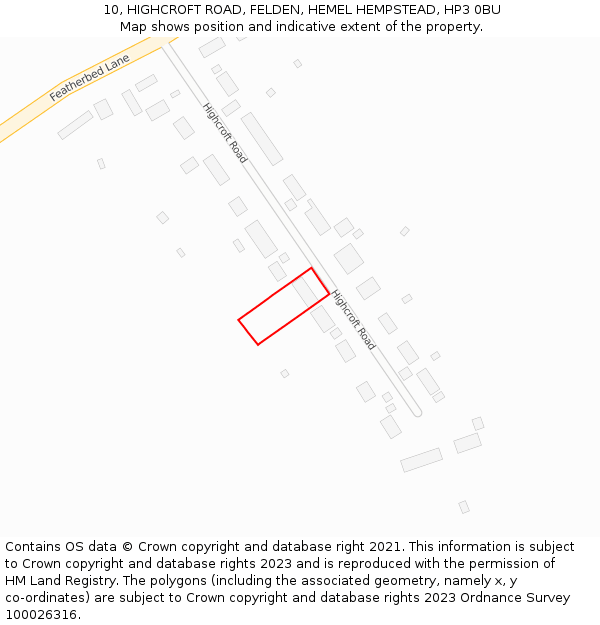 10, HIGHCROFT ROAD, FELDEN, HEMEL HEMPSTEAD, HP3 0BU: Location map and indicative extent of plot