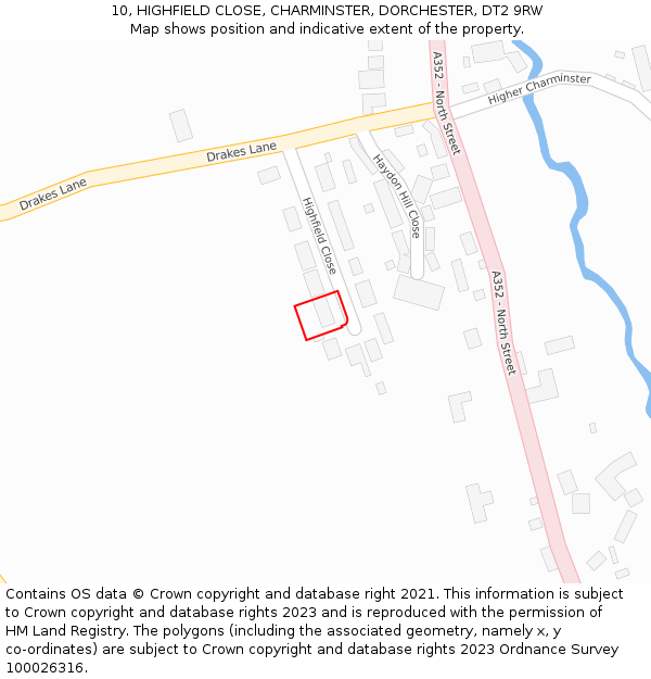 10, HIGHFIELD CLOSE, CHARMINSTER, DORCHESTER, DT2 9RW: Location map and indicative extent of plot