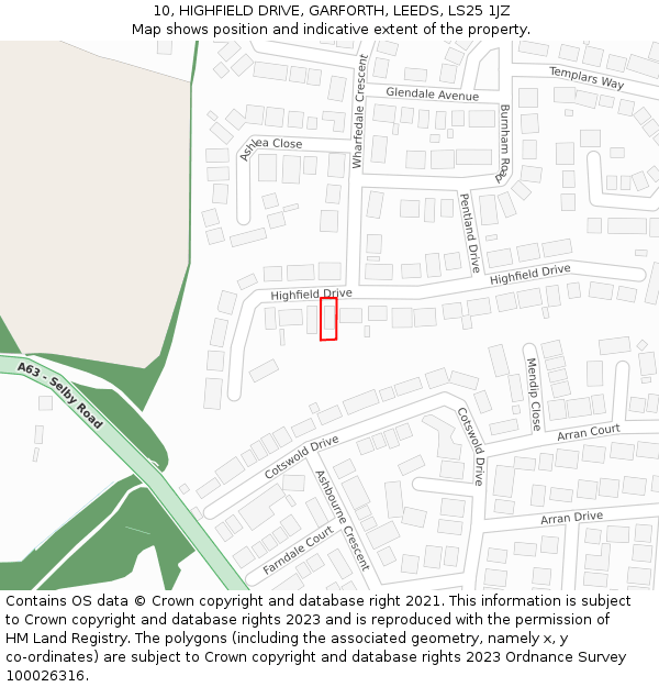 10, HIGHFIELD DRIVE, GARFORTH, LEEDS, LS25 1JZ: Location map and indicative extent of plot