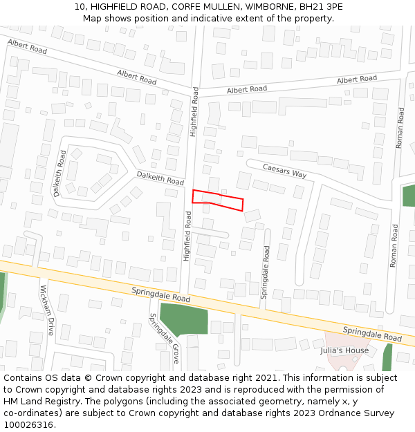 10, HIGHFIELD ROAD, CORFE MULLEN, WIMBORNE, BH21 3PE: Location map and indicative extent of plot