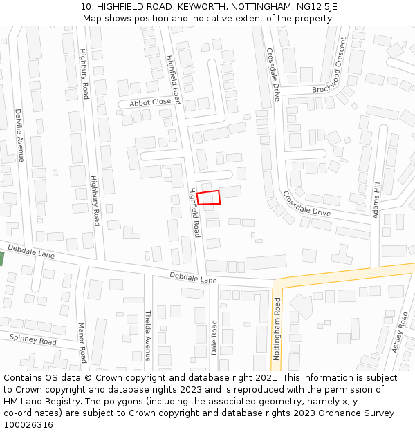 10, HIGHFIELD ROAD, KEYWORTH, NOTTINGHAM, NG12 5JE: Location map and indicative extent of plot